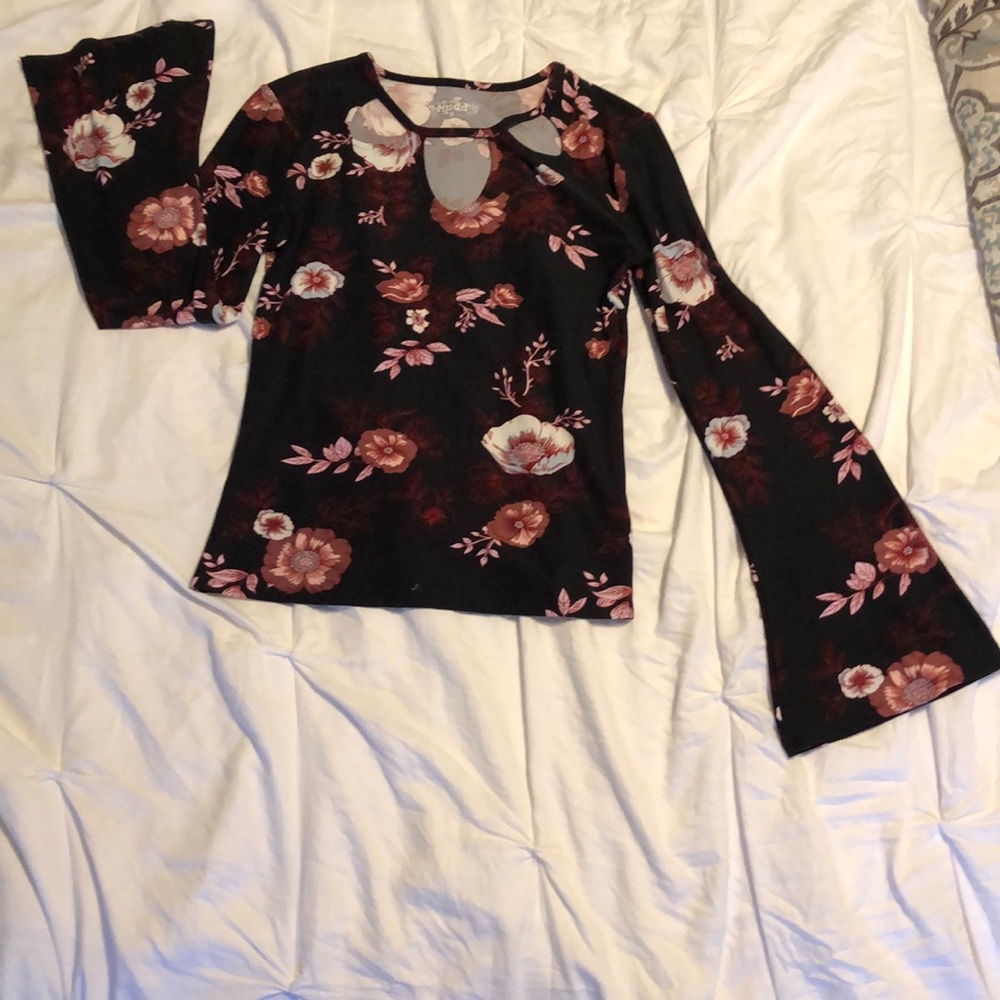 Black floral blouse with flared sleeves